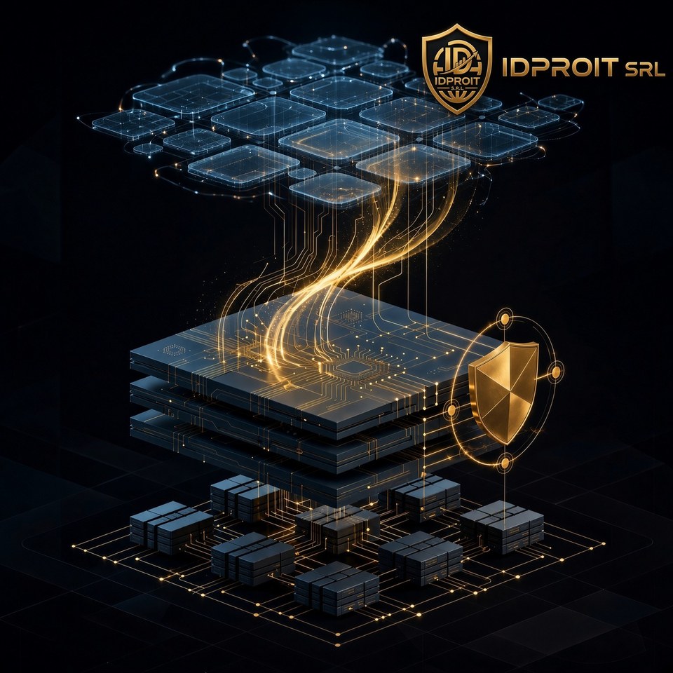 IDPROIT SRL secure cloud ERP architecture (multi-layer stack, data streams, security shield) for Dynamics 365, Business Central, NetSuite, SAP S/4HANA and Oracle Cloud ERP with enterprise BPA and agentic AI under human-in-the-loop control