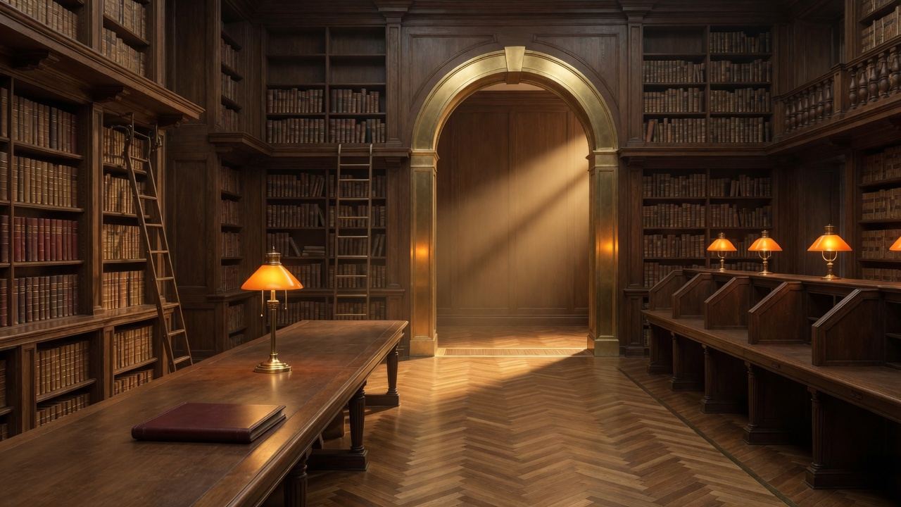 IDPROIT SRL gold enterprise library hall for Dynamics 365 human approval gates: a wide walnut reading room, a polished brass arch, and honey-gold light