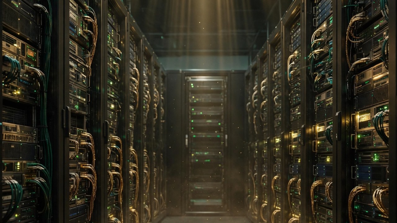 IDPROIT SRL enterprise ERP Administration and Automation gold datacenter aisle: gold-lit server racks for Dynamics 365, NetSuite, SAP S/4HANA and Oracle Cloud ERP consulting