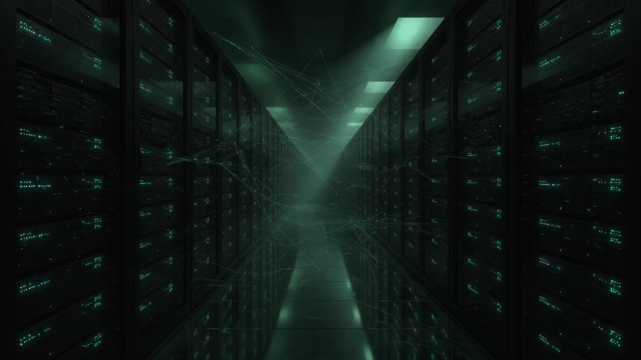 IDPROIT SRL SMB business process automation datacenter aisle: emerald-lit server racks and network filaments for engineering-led BPA and IT services