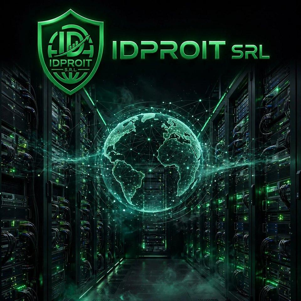 IDPROIT SRL global digital twin network for SMBs: holographic Earth in an emerald-lit datacenter aisle for business process automation (BPA), CRM automation, and agentic AI with human control (Human-in-the-Loop, HITL)
